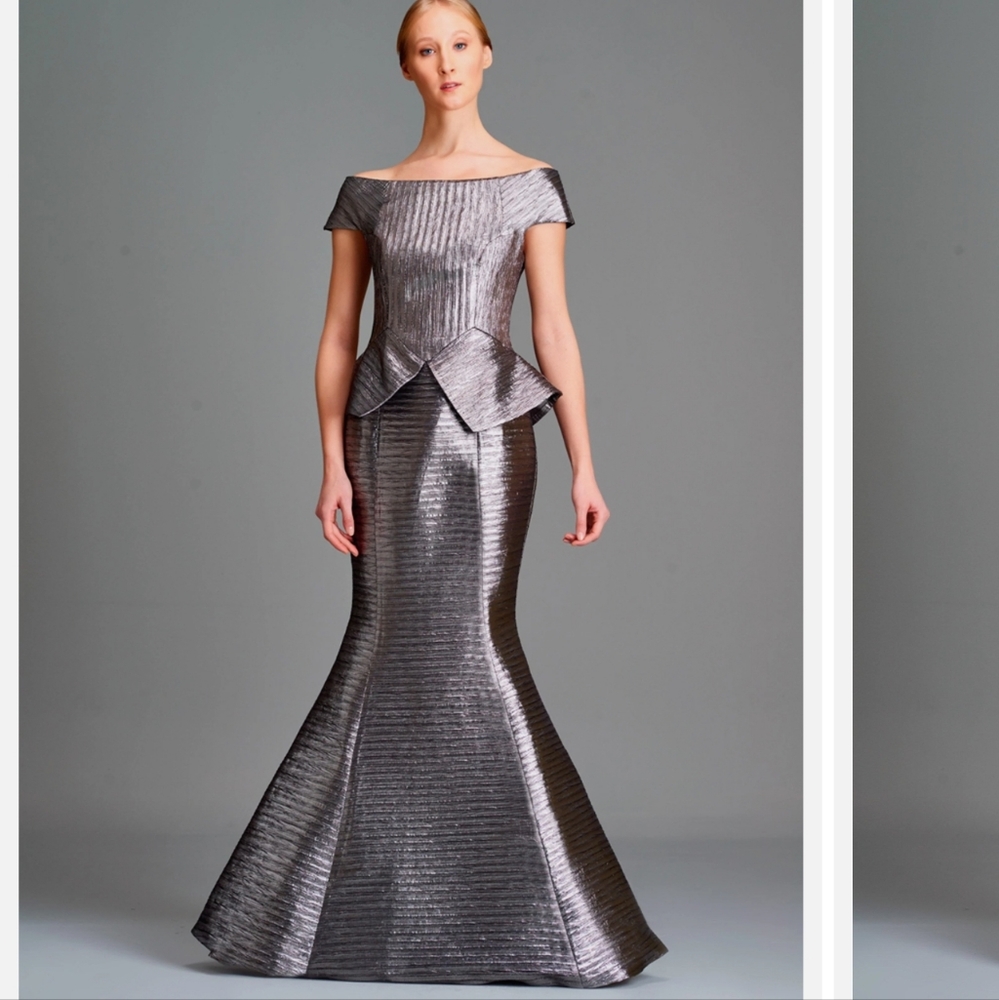 JOHN PAUL ATAKER PLEATED METALLIC SATIN OFF-SHOULDER GOWN, SIZE 38